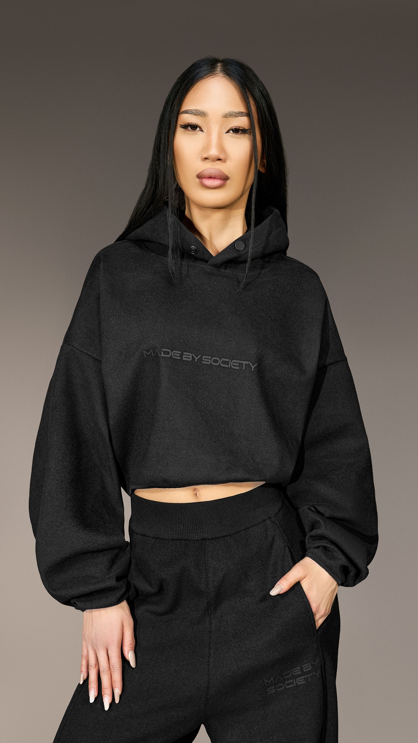 Crop блуза с качулка "Made by Society" - H26118